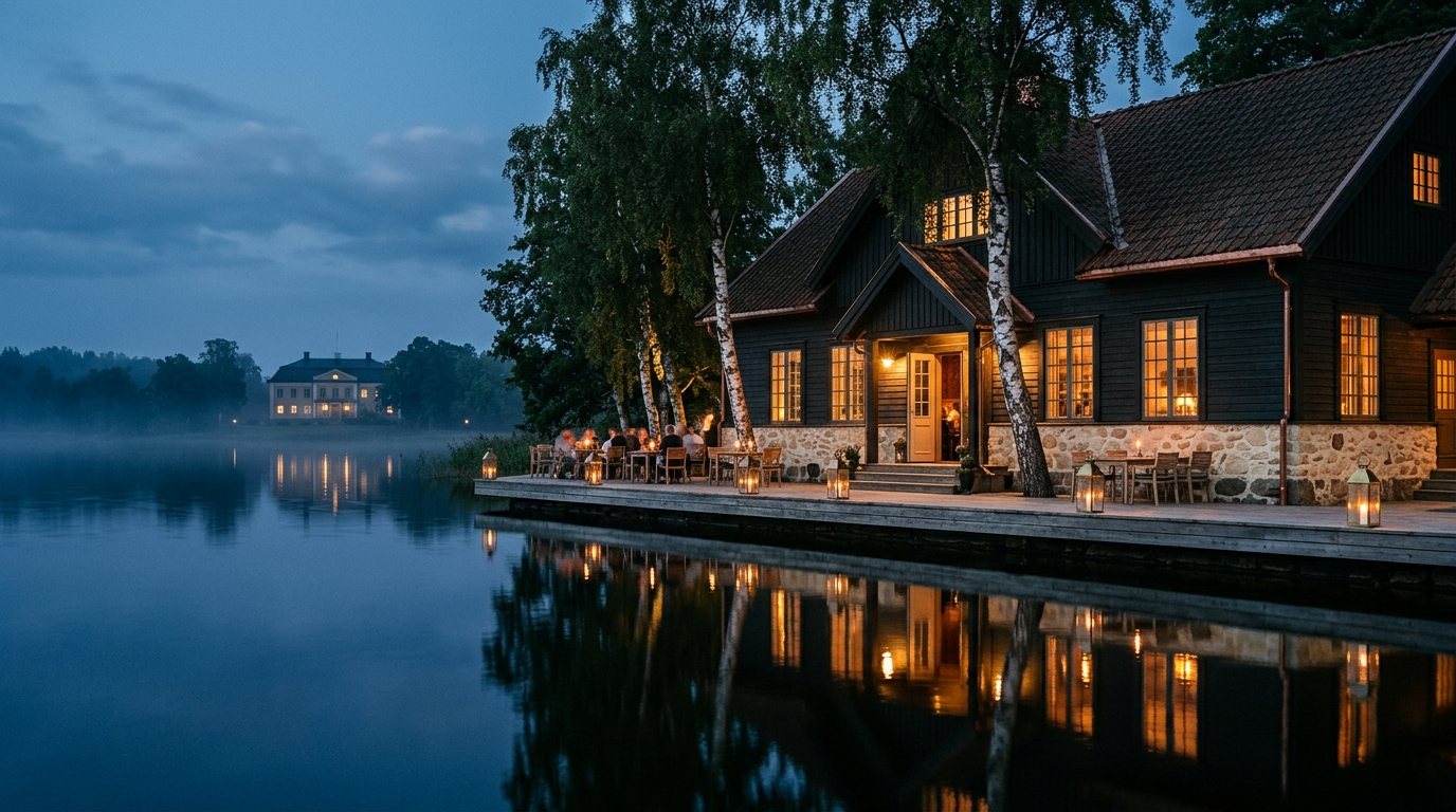 Eld & Björk at twilight, seen across Bjorkholm Lake — warm firelit windows and birch trees along the shore, with Bjorkholm Estate glowing faintly on the far shore