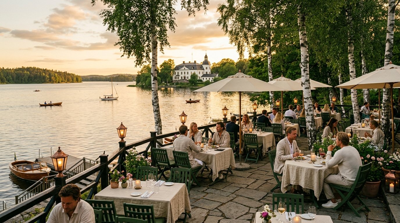The lakeside terrace at Eld & Björk, looking across the water toward Bjorkholm Estate