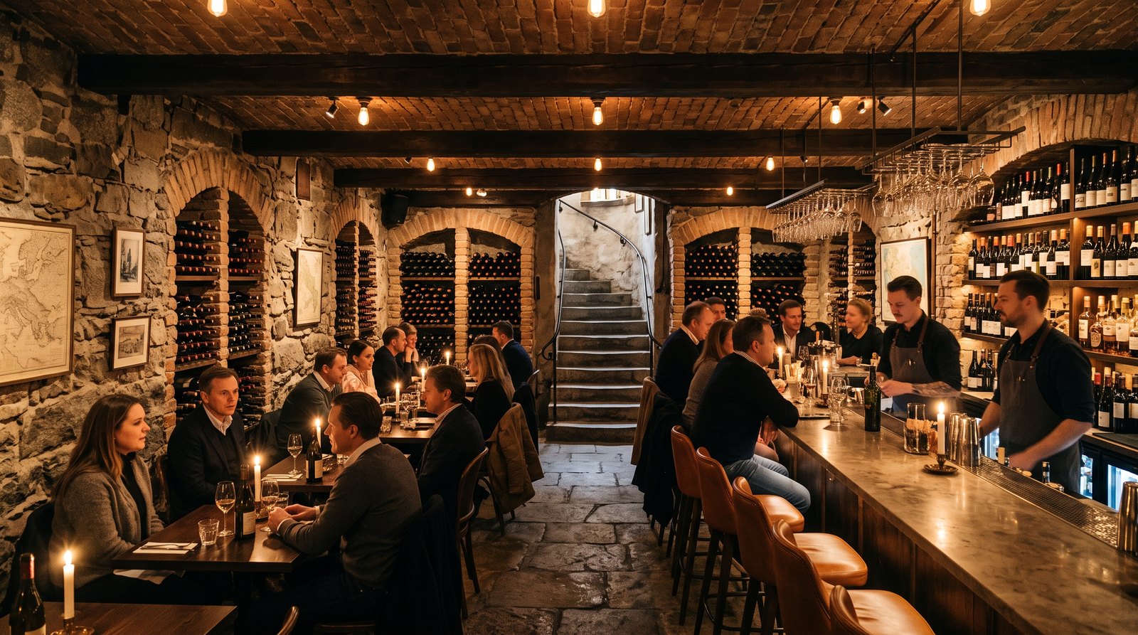 The Cellar — stone walls and timber beams beneath the dining room