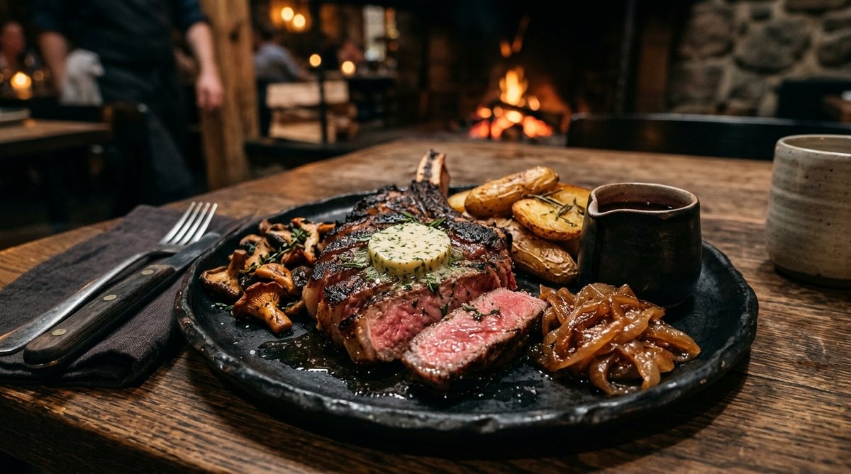 Wood-fired steak with mushrooms, herb butter and crisp potatoes